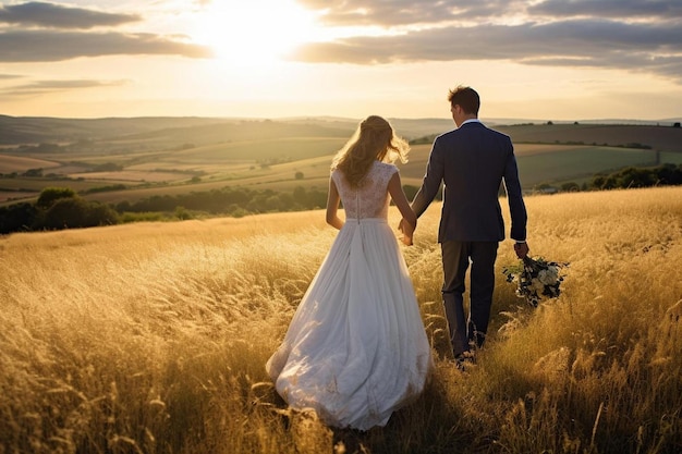 uma noiva e um noivo caminham por um campo ao pôr do sol.