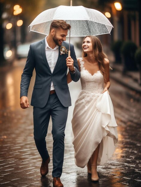 uma noiva e um noivo caminham por uma rua molhada sob um guarda-chuva