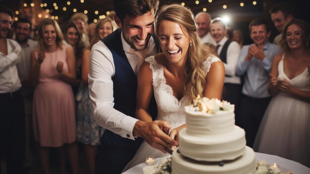 Foto uma noiva e um noivo cortando seu bolo de casamento cercados por seus convidados alegres