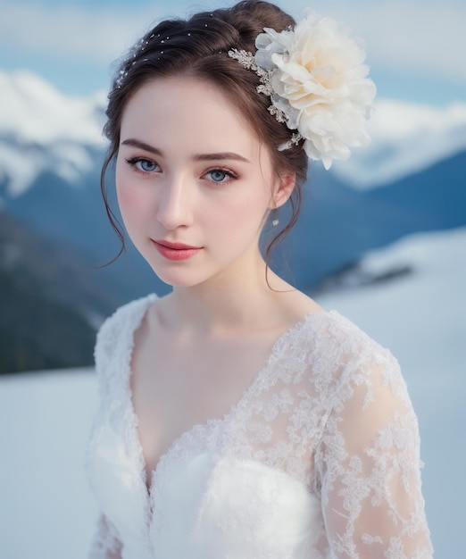 Uma noiva em um vestido branco com uma flor na cabeça