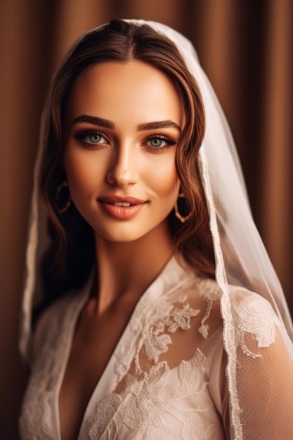 Uma noiva em um vestido de noiva está posando para uma foto.