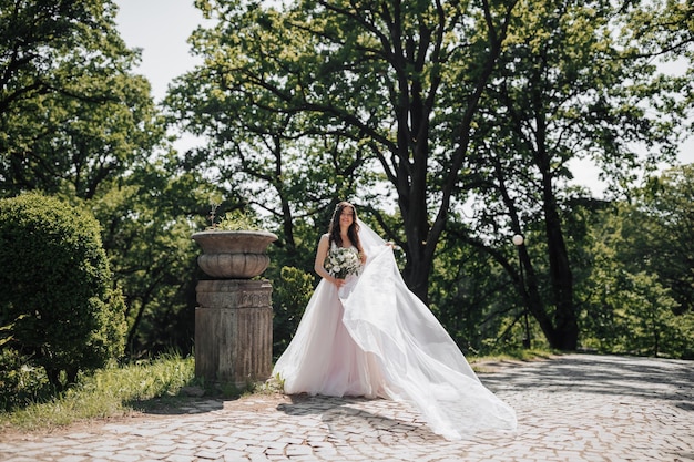 Uma noiva jovem e elegante em um belo vestido exuberante de cor branca e rosa com um longo véu Retrato de casamento de primavera Maquiagem natural