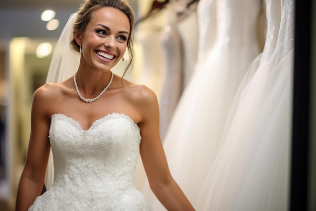 Uma noiva num vestido de noiva é a pedra de toque na loja de vestidos de noiva e o seu sorriso