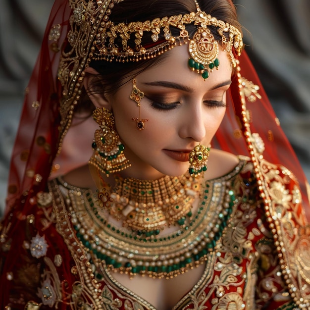 Uma noiva paquistanesa com seus vestidos e jóias tradicionais