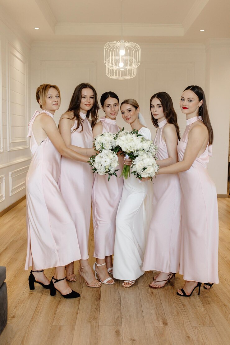 Foto uma noiva posa com suas damas de honra em um vestido branco