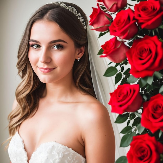 Uma noiva posa em frente a um buquê de rosas