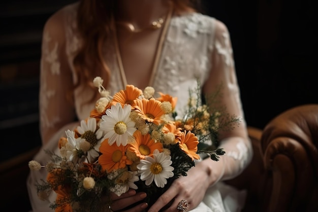 Uma noiva segura um buquê de flores.
