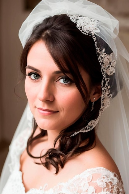 Uma noiva usa um véu com a palavra amor nele.