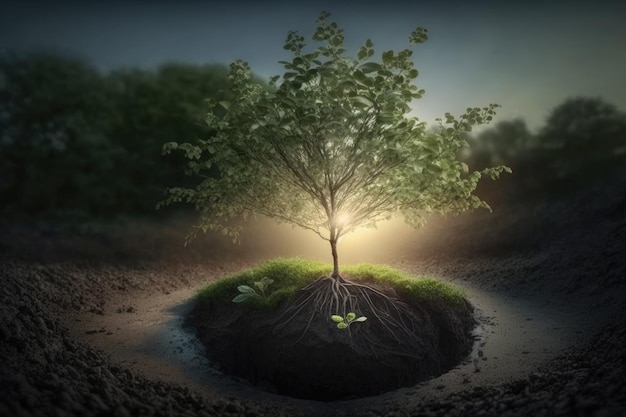 Uma nova árvore brotando no jardim ao amanhecer do dia da conscientização ambiental