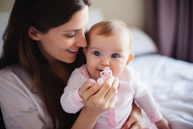 Uma nova mãe segurando a chupeta do bebê