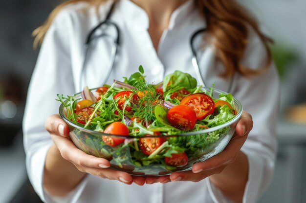 Uma nutricionista médica segurando uma tigela com uma salada de vegetais saudáveis