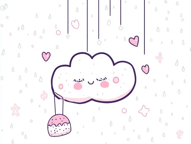 Foto uma nuvem bonita com um rosto sorridente segurando uma sobremesa cercada de corações e gotas de chuva
