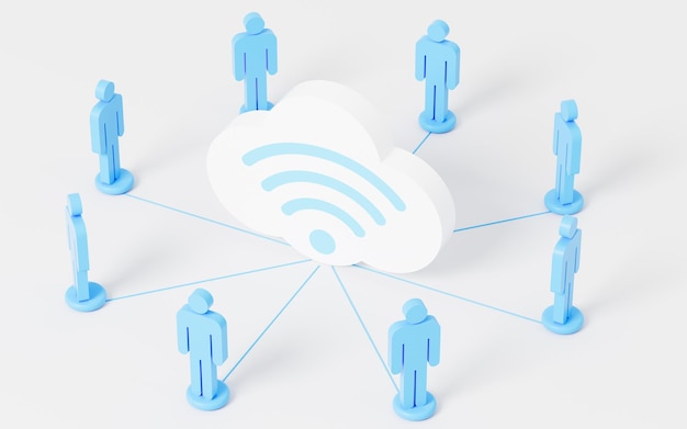 Foto uma nuvem com ícone wi-fi está entre a renderização 3d de comunicação de rede de estatuetas azuis