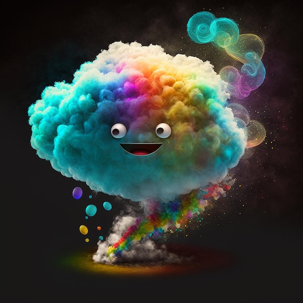 Uma nuvem de arco-íris com um rosto sorridente é feita por uma empresa chamada arco-íris.