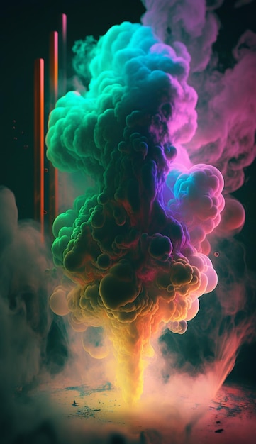 Uma nuvem de fumaça colorida com um fundo de arco-íris.