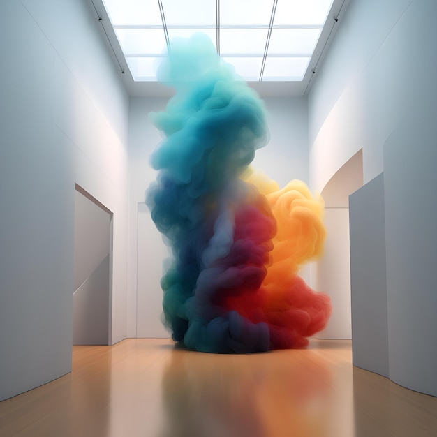 Foto uma nuvem de fumaça está saindo de uma sala com uma clarabóia acima dela.
