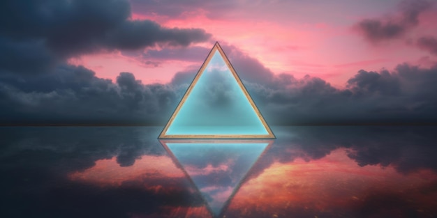 Uma nuvem de néon de moldura vazia em forma de triângulo na água no estilo da estética vintage Generative AI image weber