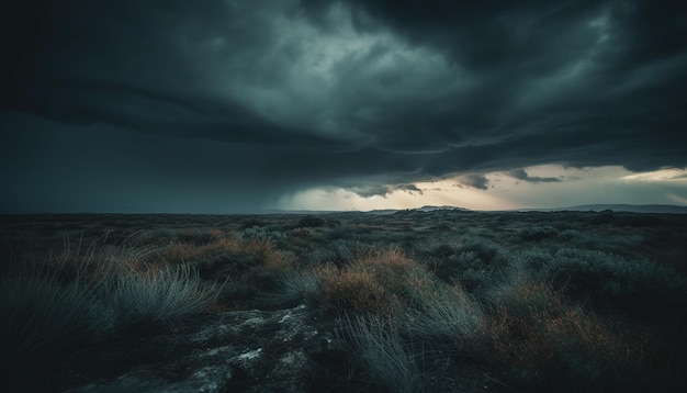 Uma nuvem de tempestade escura sobre um campo com um céu escuro e um céu nublado escuro.