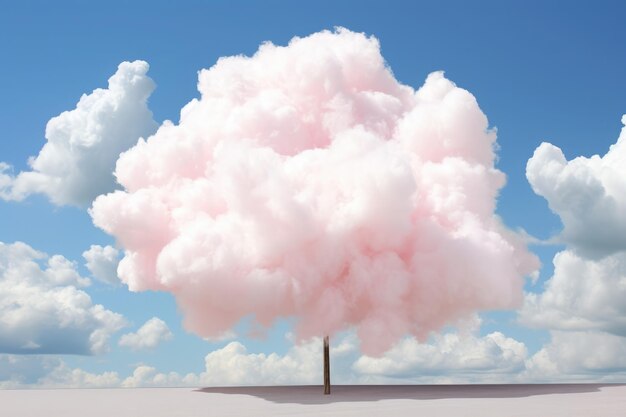 Uma nuvem rosa caprichosa paira acima de um plano de sal tranquilo com uma chaminé solitária perfurando contrastando surrealista contra o céu azul