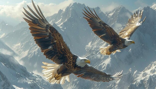 Foto uma obra de arte 3d com águias carecas voando sobre picos de montanhas