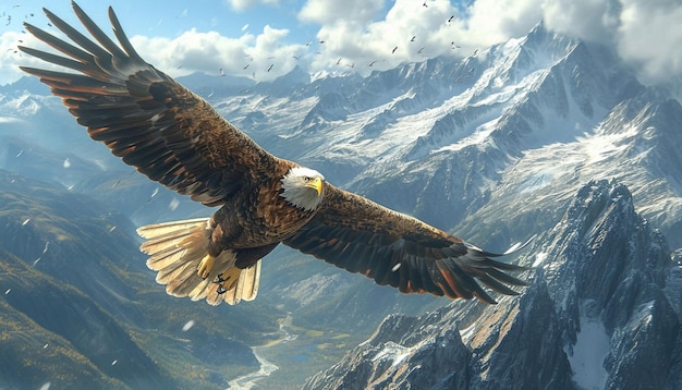 uma obra de arte 3D com águias carecas voando sobre picos de montanhas