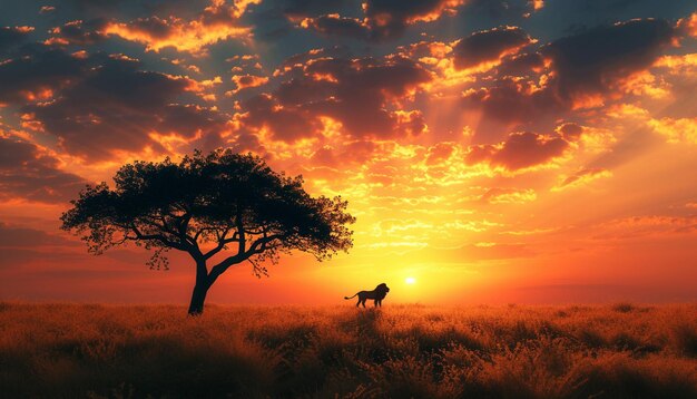 Foto uma obra de arte 3d de uma paisagem de savana escassa com uma única árvore de acácia e uma silhueta de um leão