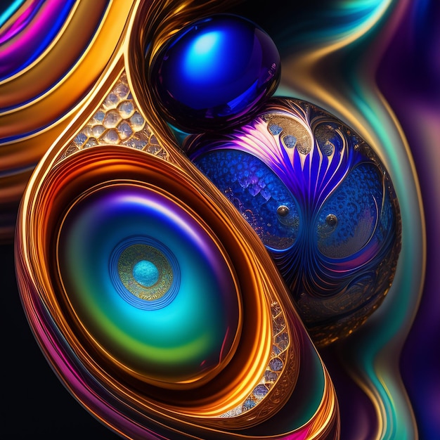 Uma obra de arte abstrata colorida com um fundo azul e laranja.