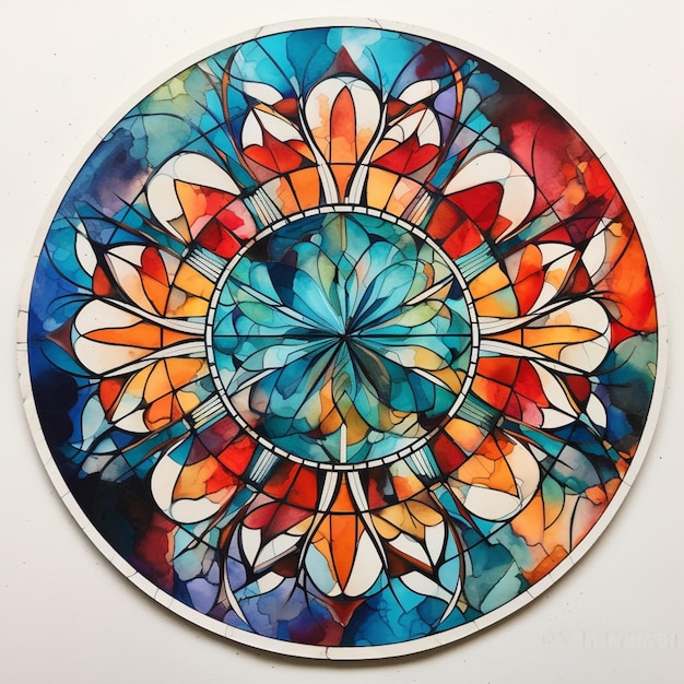 uma obra de arte circular colorida em uma parede branca geradora de IA