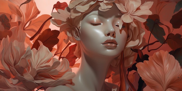 uma obra de arte digital que retrata uma senhora que usa flores no cabelo