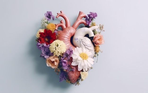 Uma obra de arte em forma de coração com flores e um coração nele.