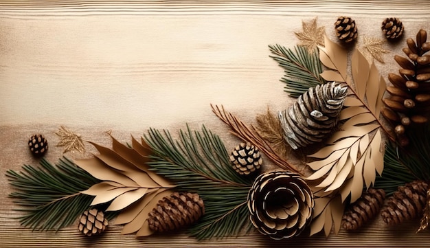 Uma obra de arte em madeira com pinhas e folhas