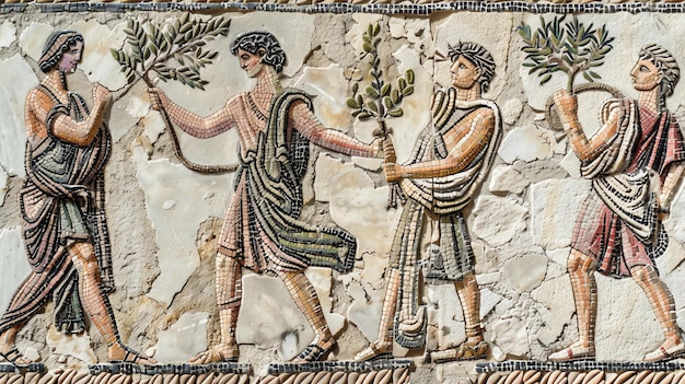Foto uma obra de arte em mosaico que retrata homens antigos em túnicas carregando galhos de oliveira, possivelmente representando uma cerimônia religiosa ou um tributo