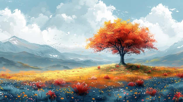 Uma obra de arte inspirada em aquarelas que retratam uma planície de flores de árvores e um céu