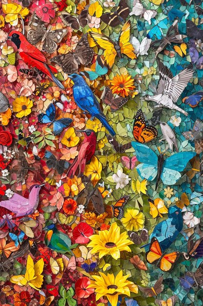 Foto uma obra de arte que usa um mosaico de azulejos coloridos cada um retratando diferentes espécies de flora e fauna