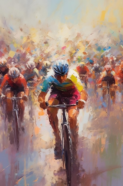 Uma obra de arte vibrante que retrata vividamente a emoção dos ciclistas competindo em uma corrida profissional