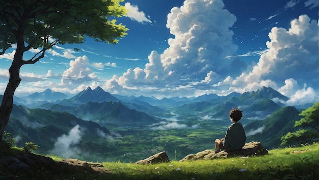 Foto uma obra de arte visualmente impressionante que mistura a estética do anime com paisagens naturais.