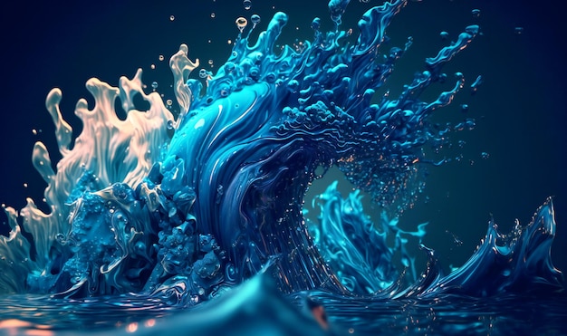 Uma obra-prima fluida em tons de azul que lembra uma onda ondulante de líquido trabalhada em estilo abstrato
