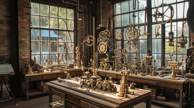 Foto uma oficina cheia de aparelhos de latão e cobre, engrenagens e invenções a vapor.