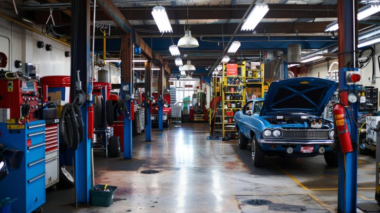 Uma oficina de reparação de automóveis com um carro azul clássico sendo trabalhado cercado por várias ferramentas e equipamentos