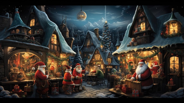 uma oficina mágica do Papai Noel cheia de presentes de brinquedos que capturam o encanto e a alegria do Natal