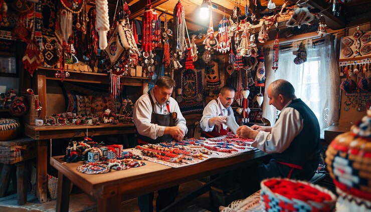 Foto uma oficina tradicional romena com artesãos que criam martisor feito à mão a partir de cordas vermelhas e brancas