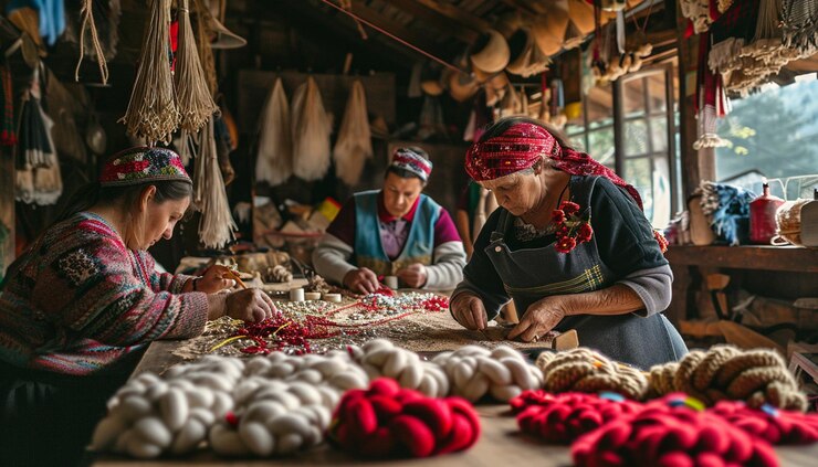 Foto uma oficina tradicional romena com artesãos que criam martisor feito à mão a partir de cordas vermelhas e brancas