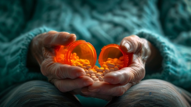 Uma olhada detalhada em mãos de uma mulher idosa derramando cápsulas de um frasco de medicação destacando