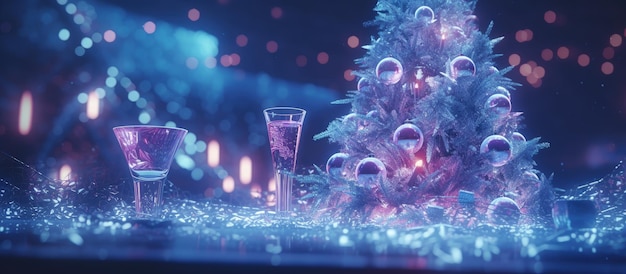 Uma olhada detalhada na árvore de Natal e bebidas em uma mesa durante a véspera de Natal
