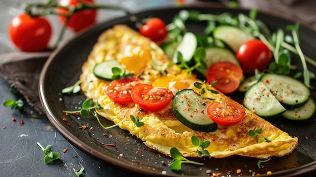 Foto uma omelete fresca adornada com vegetais em close-up