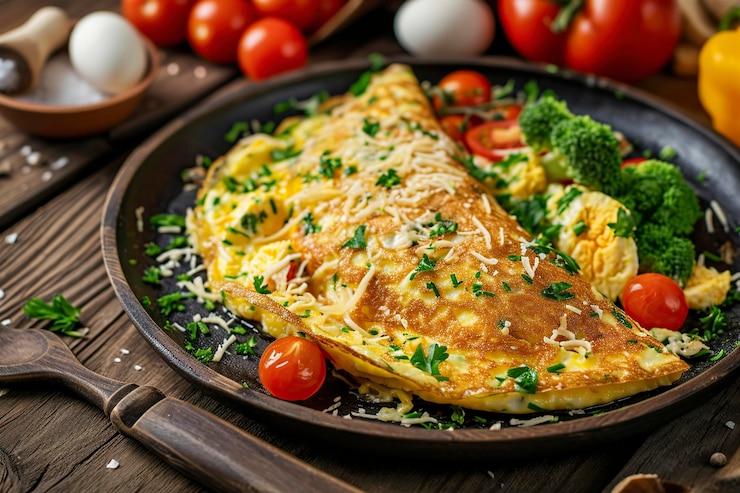 Foto uma omelete vegetariana de ovos mexidos com queijo e legumes