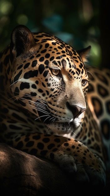 Uma onça está descansando em uma árvore na selva.