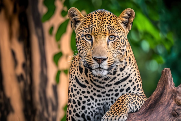 Uma onça selvagem empoleirada em uma árvore