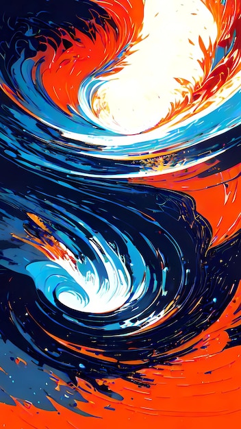 uma onda azul com cores laranja e vermelha é refletida na água.