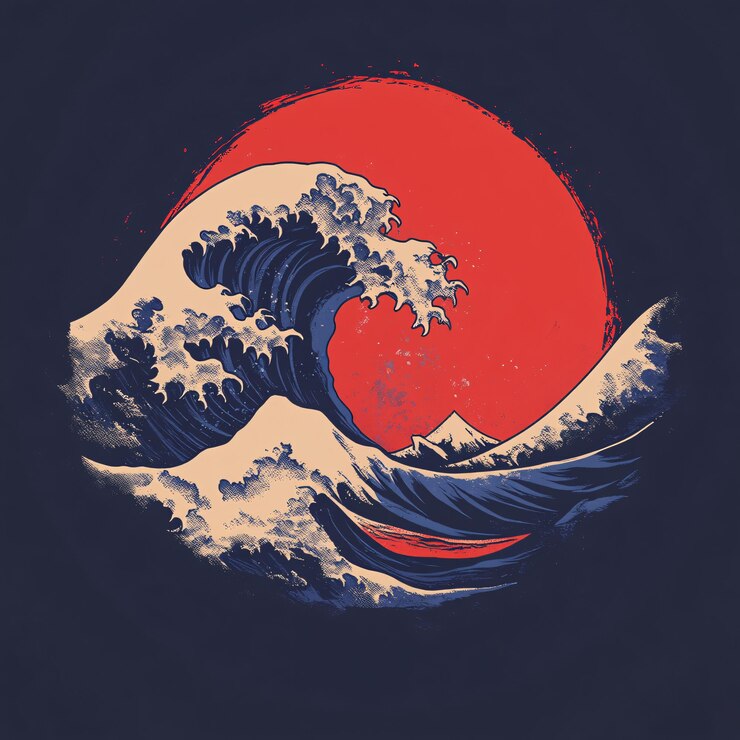 Foto uma onda com a cor vermelha e azul do sol e a lua vermelha ao fundo